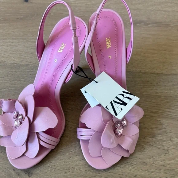 Zara Blush Pink Floral Slingback Stiletto Heels - Picture 5 of 6